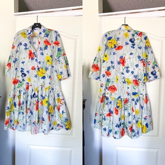 Pearl Lela Rose Dress Floral Poplin Flounce Hem Shirtdress Blue Multi XS GUC - Picture 2 of 9